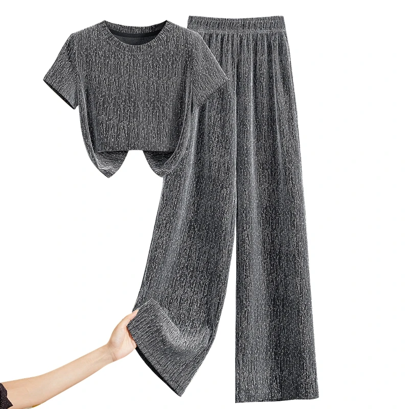 她池2025夏季新款女装短上衣搭阔腿裤两件套时尚套装T52Z1751NA