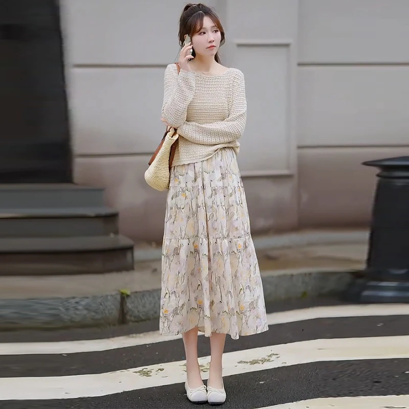 时尚套装裙女2025春夏新款时髦洋气镂空针织衫半身碎花裙两件套裙