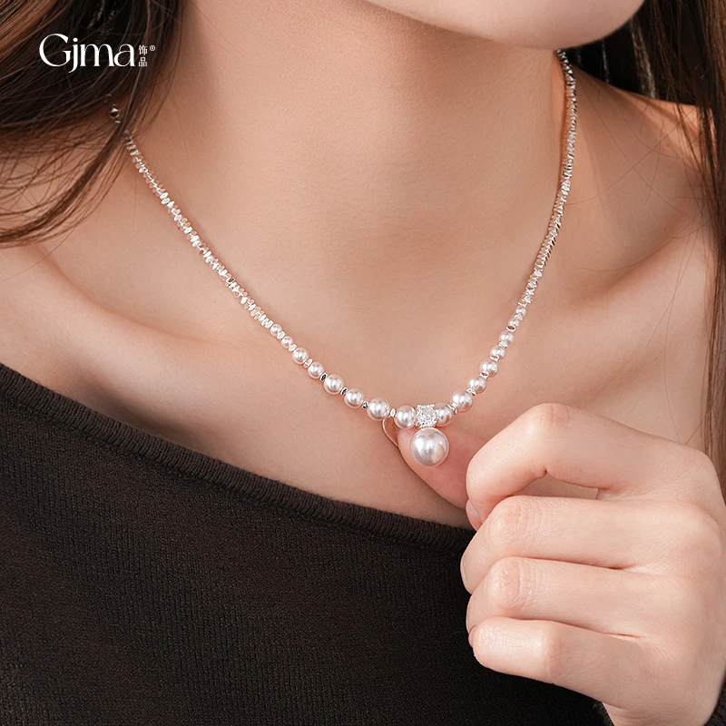 不锈钢仿珍珠项链 法式复古锆石珍珠项链气质小众高级感锁骨链轻