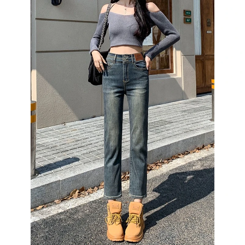 复古烟管裤女加绒薄绒秋冬季高腰显瘦九分小个子窄版直筒牛仔裤子