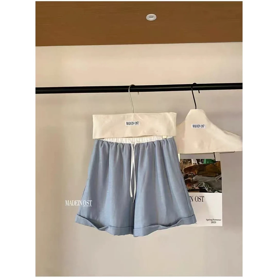 【3】-韩国高级简约卷边撞色腰麻棉阔腿短裤女夏季百搭休闲a字热裤