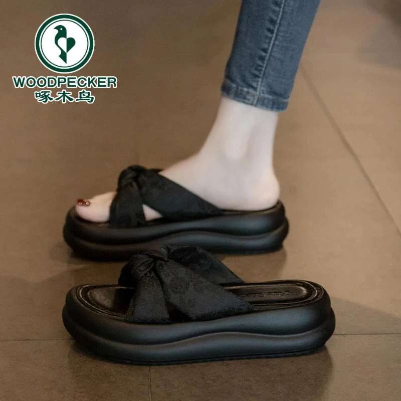 啄木鸟凉拖鞋女夏外穿2025年厚底休闲沙滩凉鞋百搭中式国风一字拖