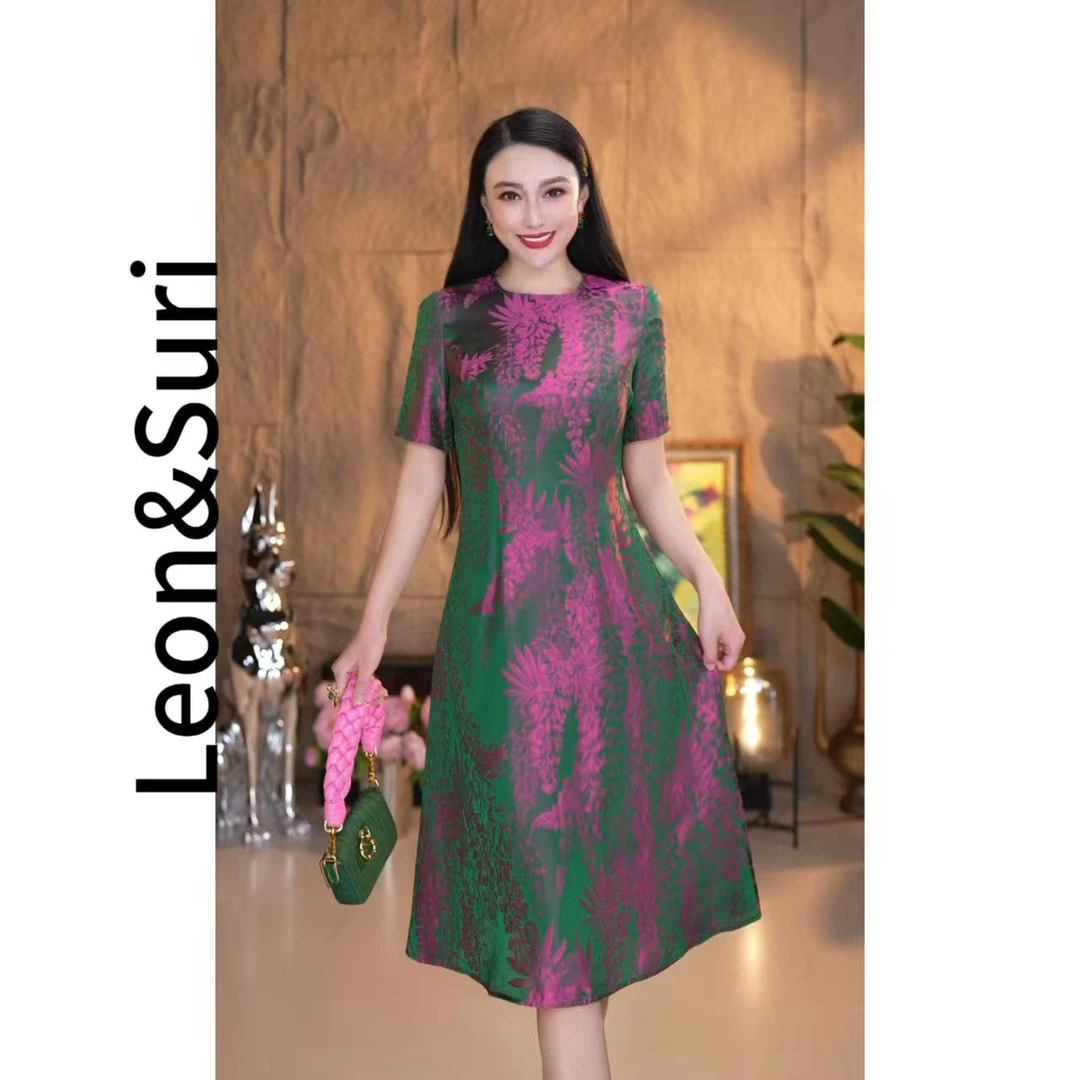 Leon&Suri “絮青染霞”新款原创设计款时尚大气显瘦气质人丝连衣裙