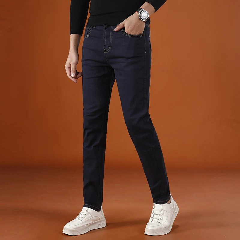 高档藏蓝色牛仔裤男款爆款2025新款秋冬款修身小脚弹力休闲长裤子