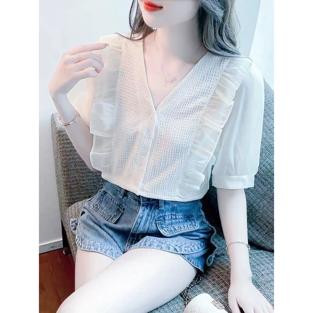 311 超仙荷叶边V领衬衫气质百搭显瘦宽松泡泡袖雪纺上衣（H014）