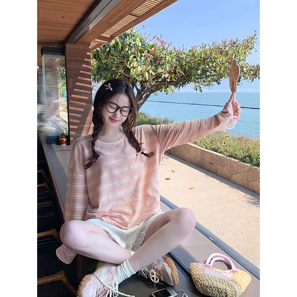 粉色多巴胺条纹防晒罩衫女夏季薄款2025年新款宽松长袖t恤上衣