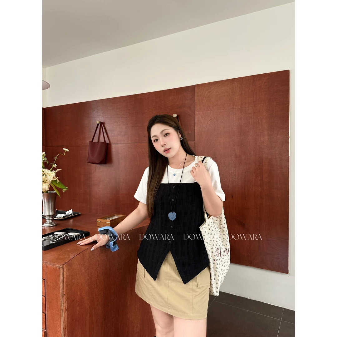 现货7973D大婉酱肉肉微胖定制【南法假日】拼接假两件针织时尚短袖