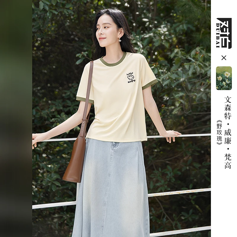 文森特.梵高联名对白撞色绣花正肩短袖T恤女2025夏季新款休闲上衣