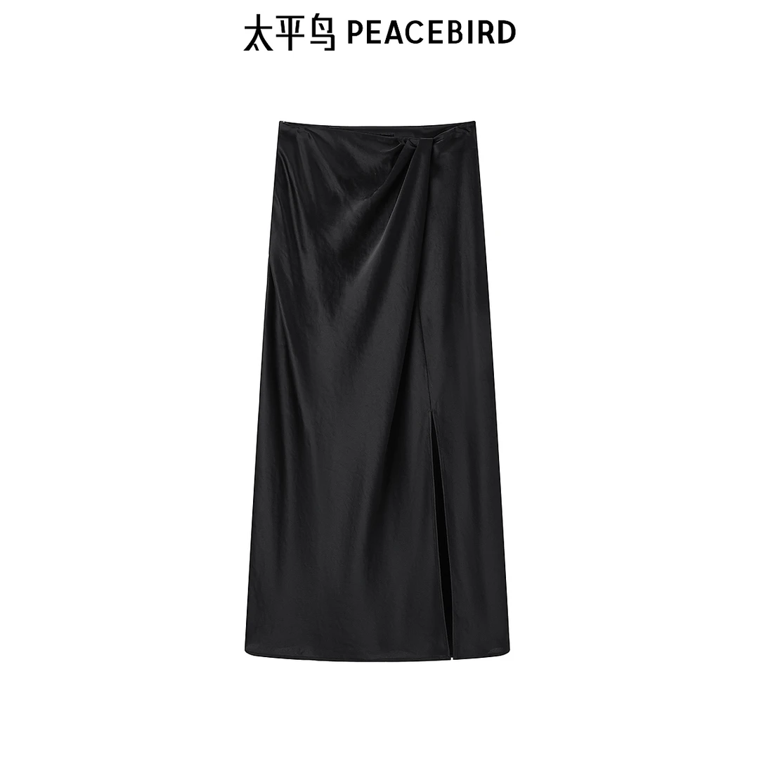 【陈嘉尔专属】太平鸟女装新款黑色坠感显瘦醋酸开叉长裙A1GFE2106