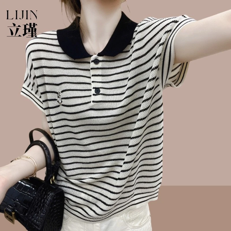 今年流行高级短袖夏季条纹t恤女小兔刺绣撞色纽扣polo领针织衫薄