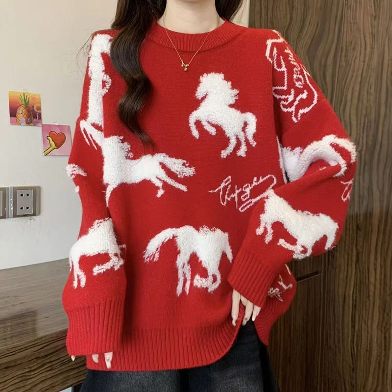 pingedixin/品哥弟新款圆领羊毛洋气针织衫百搭女款红色新年毛衣