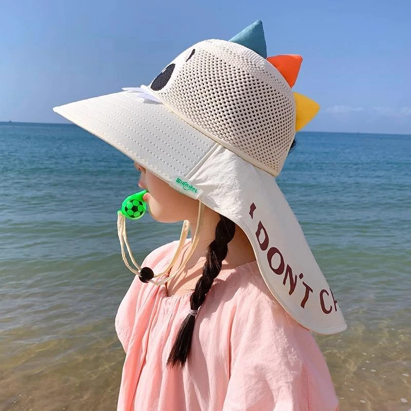 儿童防晒帽春夏天男孩遮阳帽女孩披肩帽户外恐龙透气网眼太阳帽