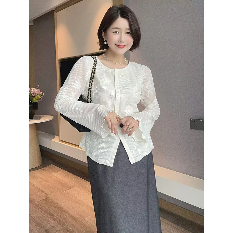 【DIS 定制】【月光浅秋】早秋气质肌理感提花单排扣衬衫Z525E11770