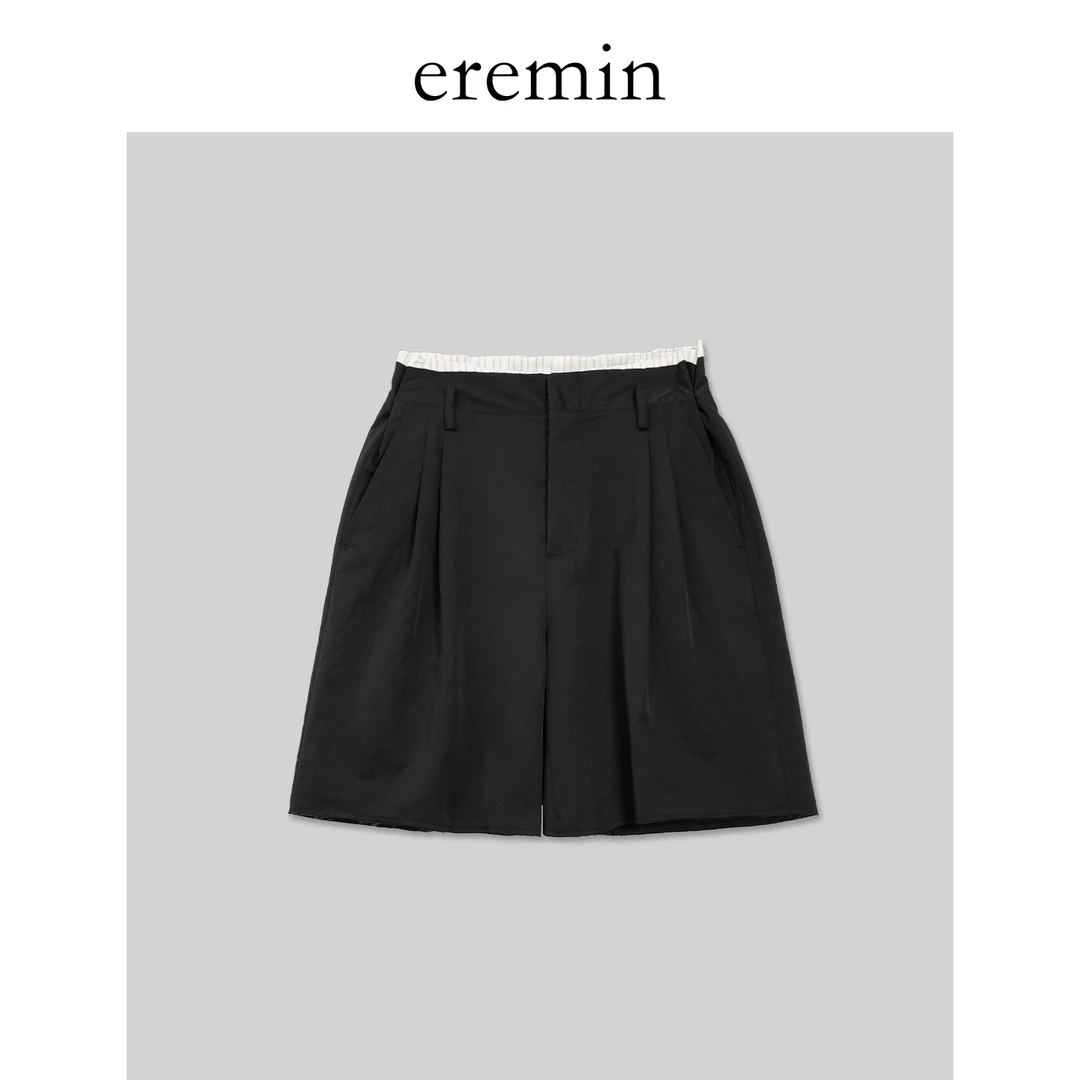 DE Mincollection拼接中裤/双腰头压褶通勤散边五分休闲裤55792