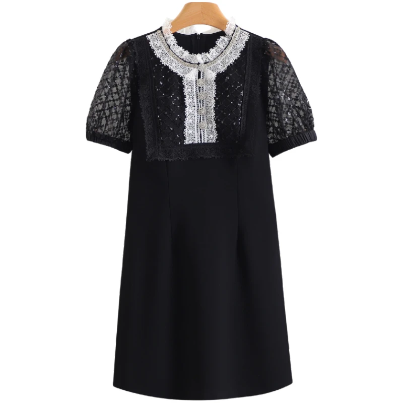 F1401-【郁】拼接边圆领装饰扣短袖连衣裙#XYX56L140