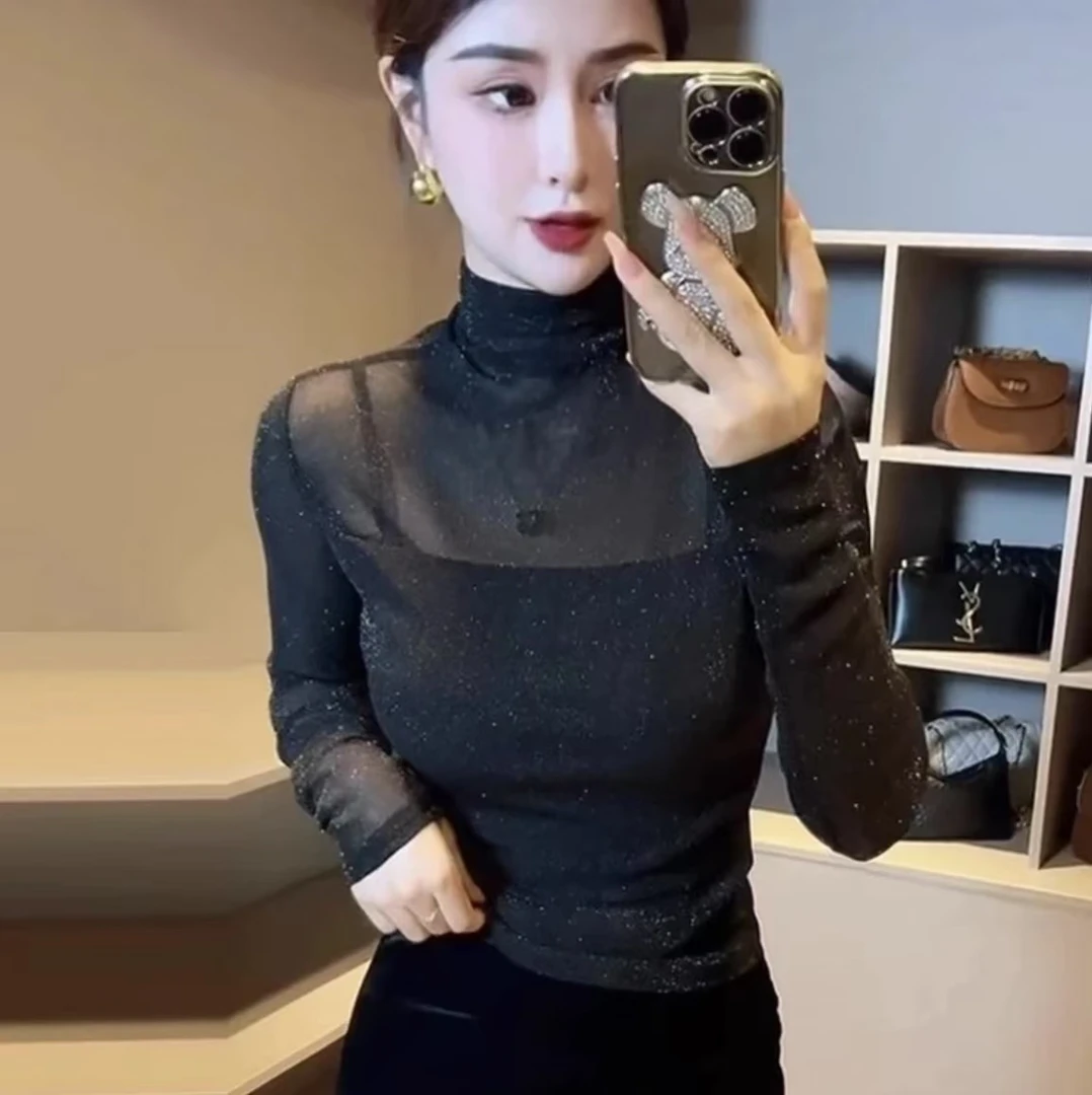 亮片网纱半高领打底衫女2025春秋新款修身洋气内搭长袖T恤上衣