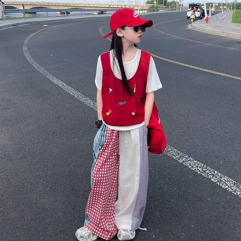 女童松弛慵懒风拼条纹格子阔腿裤夏季套装2025新款儿童韩版休闲裤