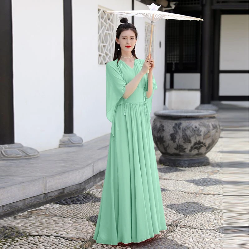 促销超好看新中式国风雪纺连衣裙女禅意茶服收腰显瘦仙气飘飘长裙