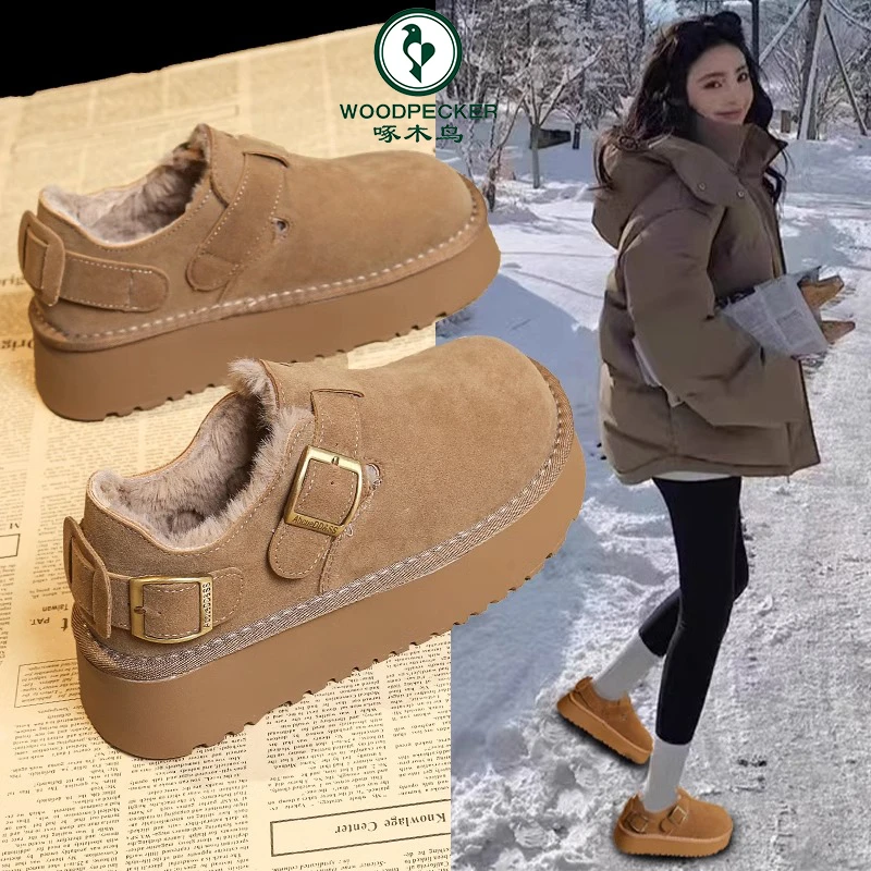 啄木鸟加绒厚底增高勃肯鞋女鞋2024新款秋冬一脚蹬乐福鞋保暖棉鞋