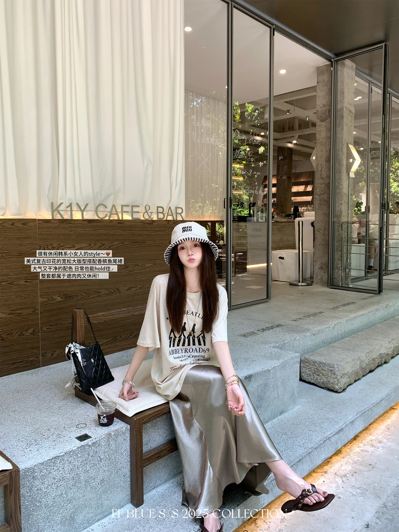 FF BLUE 晚香玉露 自带复古75棉印花设计感T恤香槟A字鱼尾半身裙