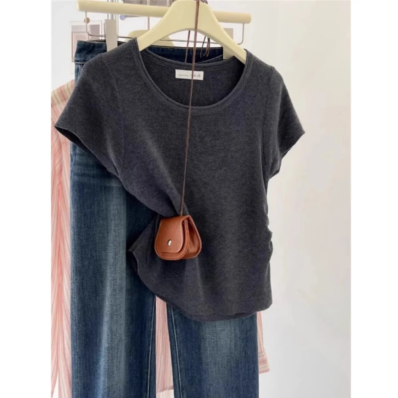 深灰色冰丝针织短袖T恤女正肩夏季高级感收腰显瘦短款小飞袖上衣