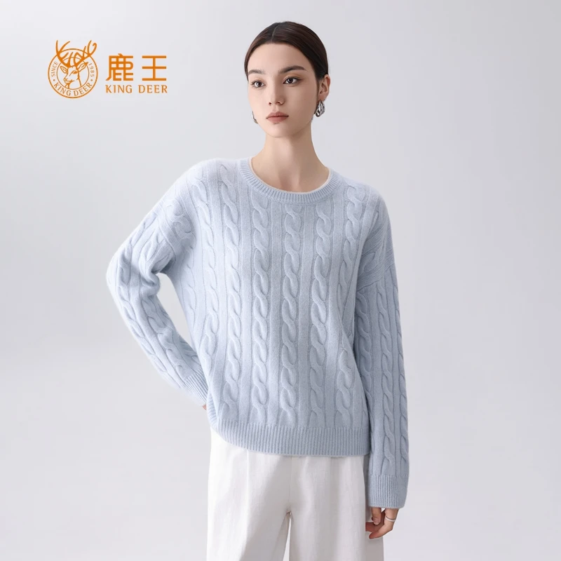 【设计师款】鹿王女圆领100山羊绒绞花宽松休闲套衫 加厚 XM5191