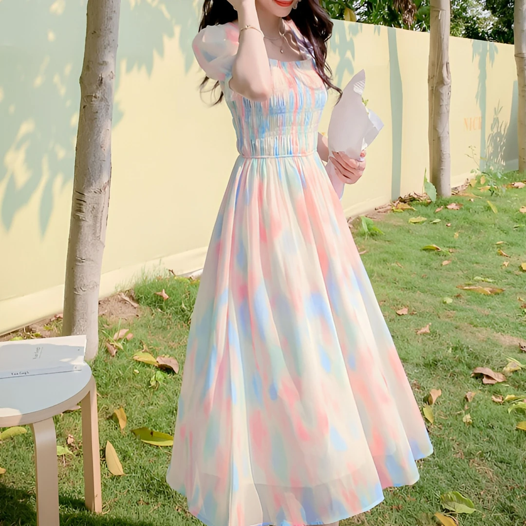 【全网爆款】（不漏背）法式方领短袖碎花气质收腰显瘦小清新泡泡