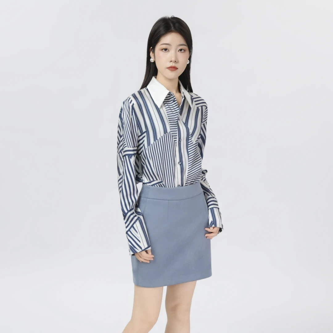 AMASS/阿玛施5301098春季新款长袖宽松时尚休闲条纹女士衬衣衬衫
