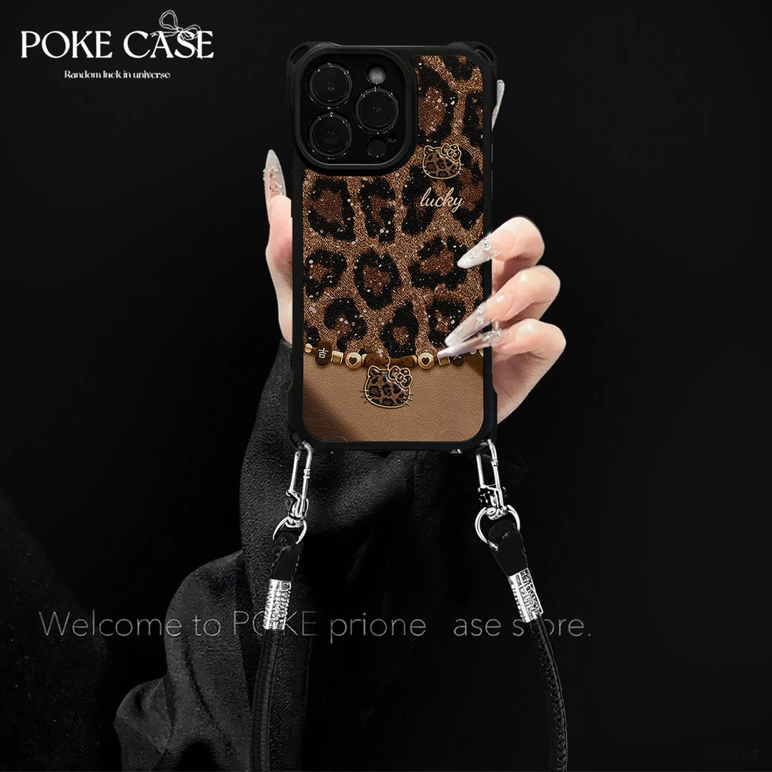 四角挂绳豹纹KT适用华为红米苹果vivo小米oppo挂绳手机壳