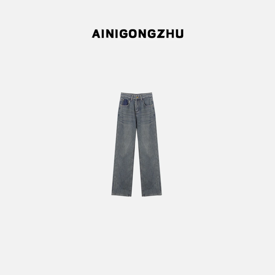 AINIGONGZHU/艾妮公主冬季新款高腰显瘦加绒百搭阔腿牛仔裤1516