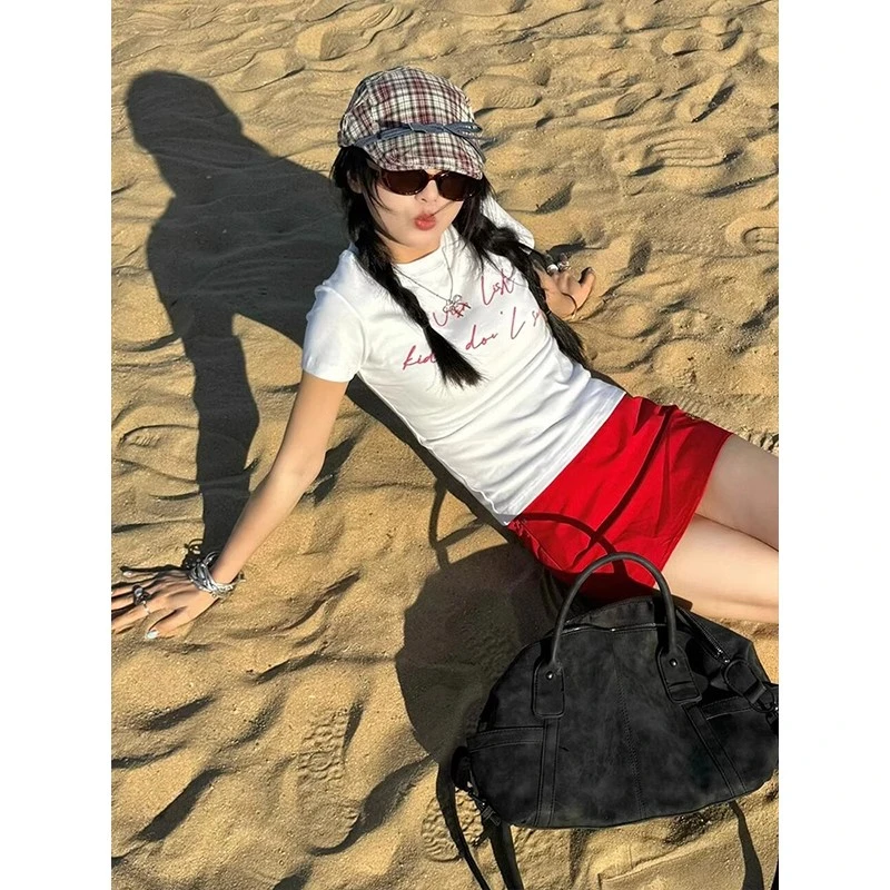 美式修身短袖女夏季新款简约印花收腰显瘦正肩t恤圆领短款上衣ins