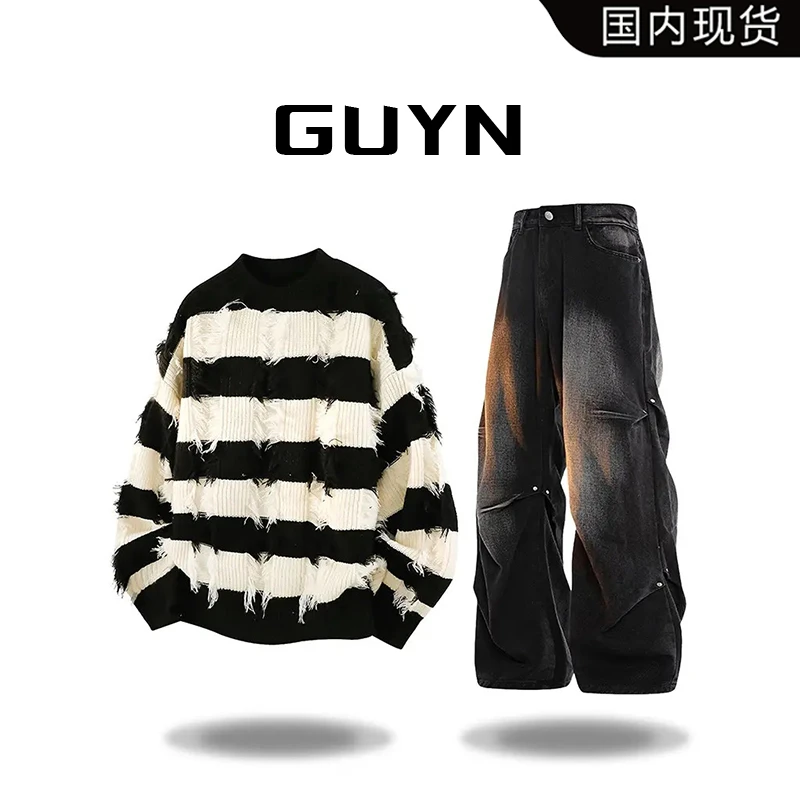 【品牌现货】GUYN痞帅破洞毛衣套装男秋冬轻奢高街两件套设计感男装