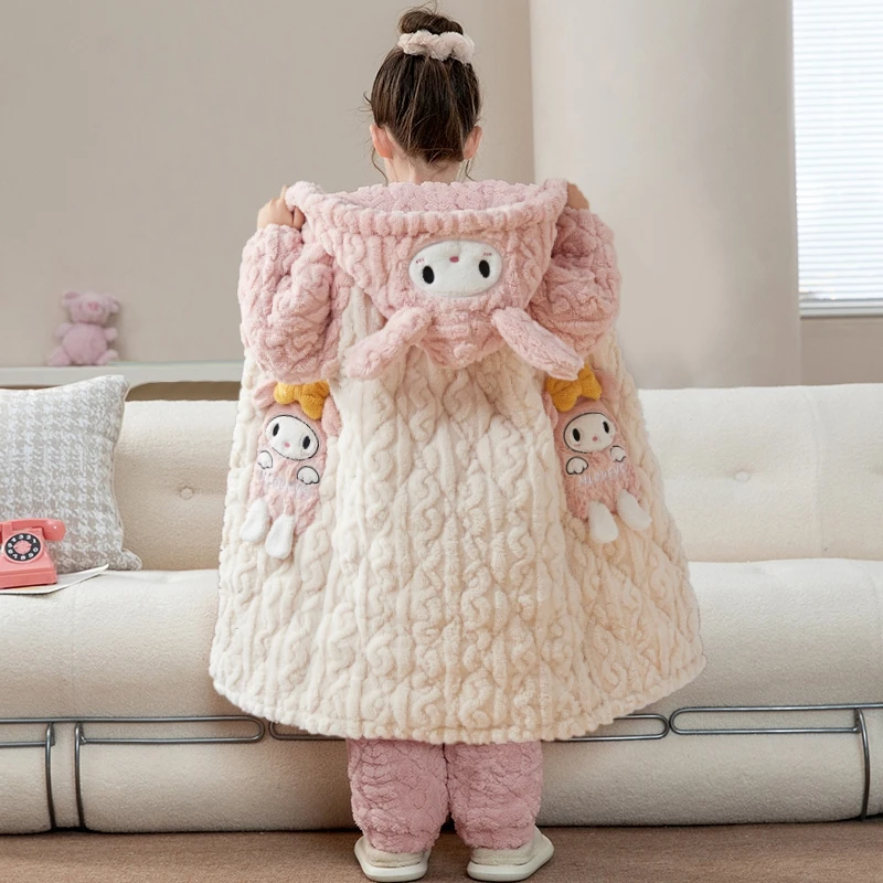 儿童冬季三层夹棉加厚加绒中大童女童拉链连帽加长款儿童睡衣套装