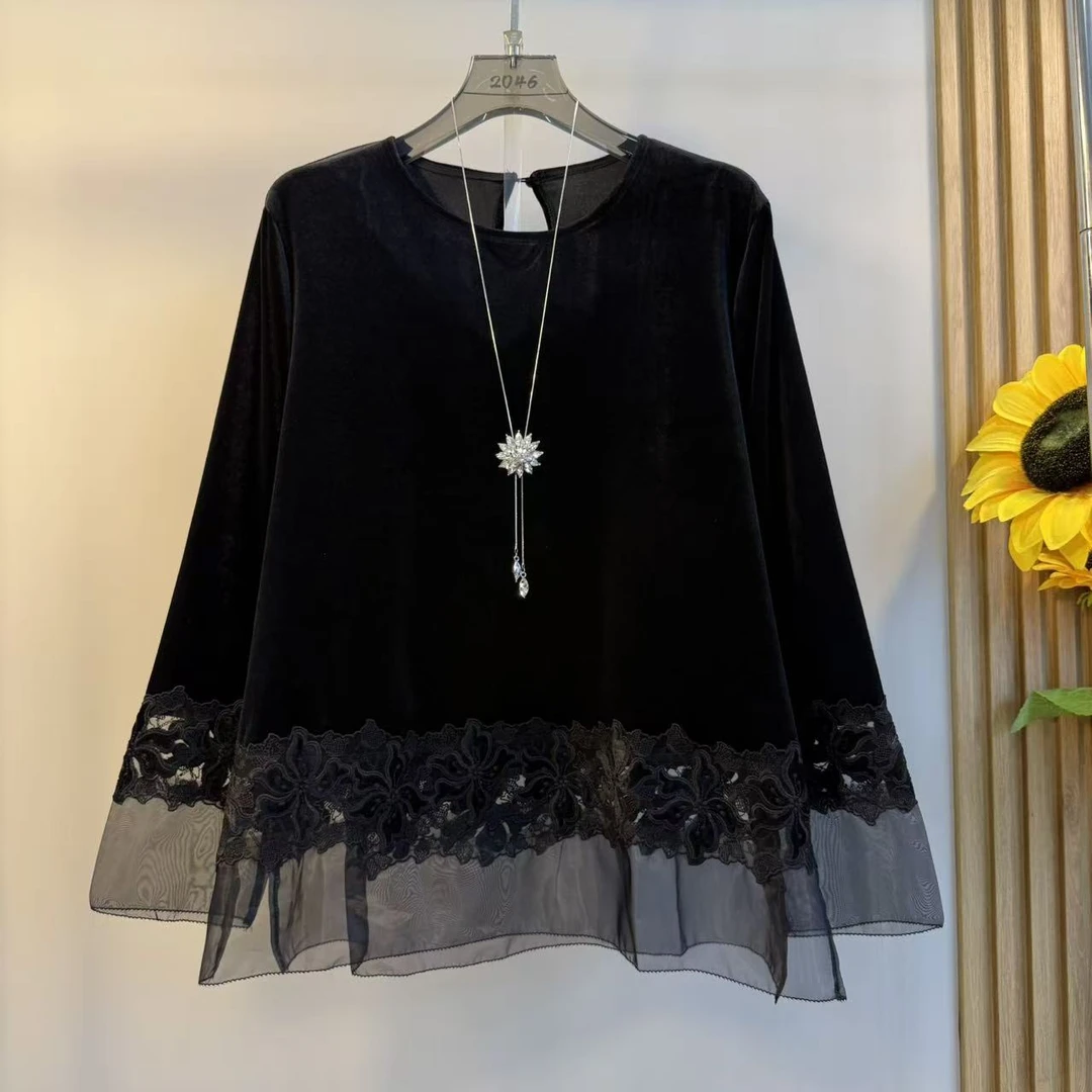 胖妹妹大码秋季新款时尚休闲上衣女韩版丝绒蕾丝拼接圆领长袖小衫