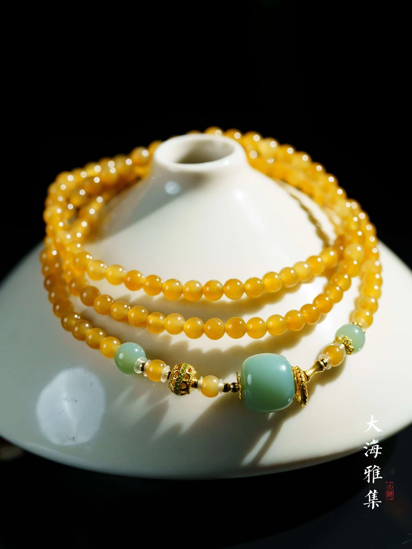 【新颜】18k金和田玉女款时新中式黄金糖三圈长珠链3.5mm+  D3546