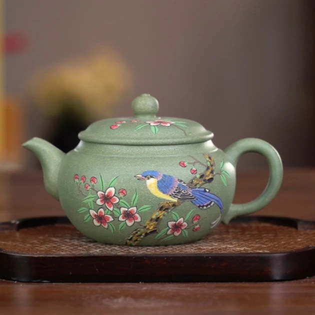 5163 宜兴紫砂茶具豆青砂泥料堆绘小鸟望桃花紫砂壶 YST 280cc左