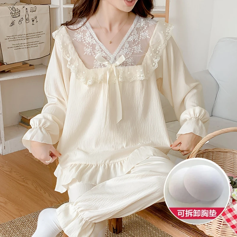 长袖睡衣女款春秋季带胸花边甜美高级感性感薄款家居服套装3028