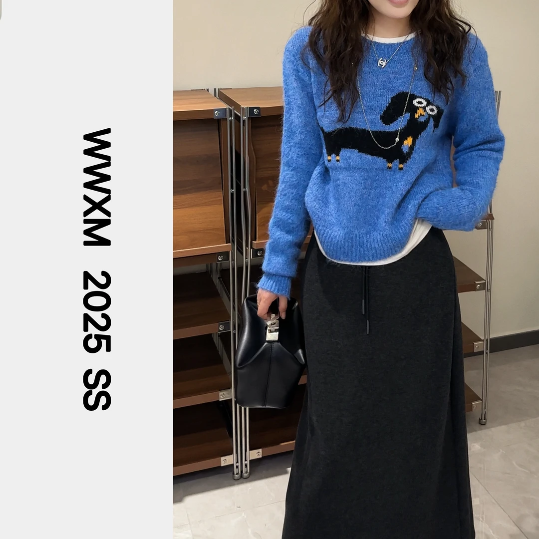 【汪肖肖WWMX】秋冬宽松慵懒休闲风卡通提花圆领设计套头毛衣女6271