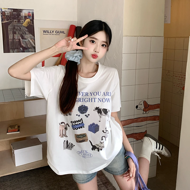 大码胖mm韩版正肩圆领水果动物卡通3D直喷印花显瘦遮肉短袖 5837