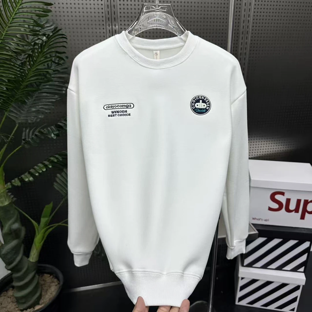 男士潮流时尚运动休闲加绒套头刺绣圆领百搭长袖9555