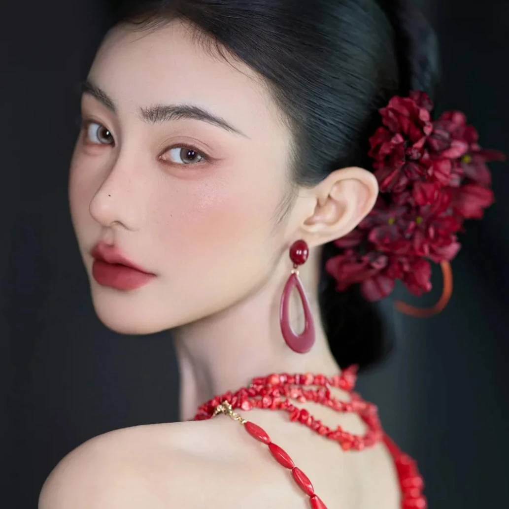 新品手作酒红仿真花朵新中式新娘发饰晨袍发钗旗袍古典新娘头花女