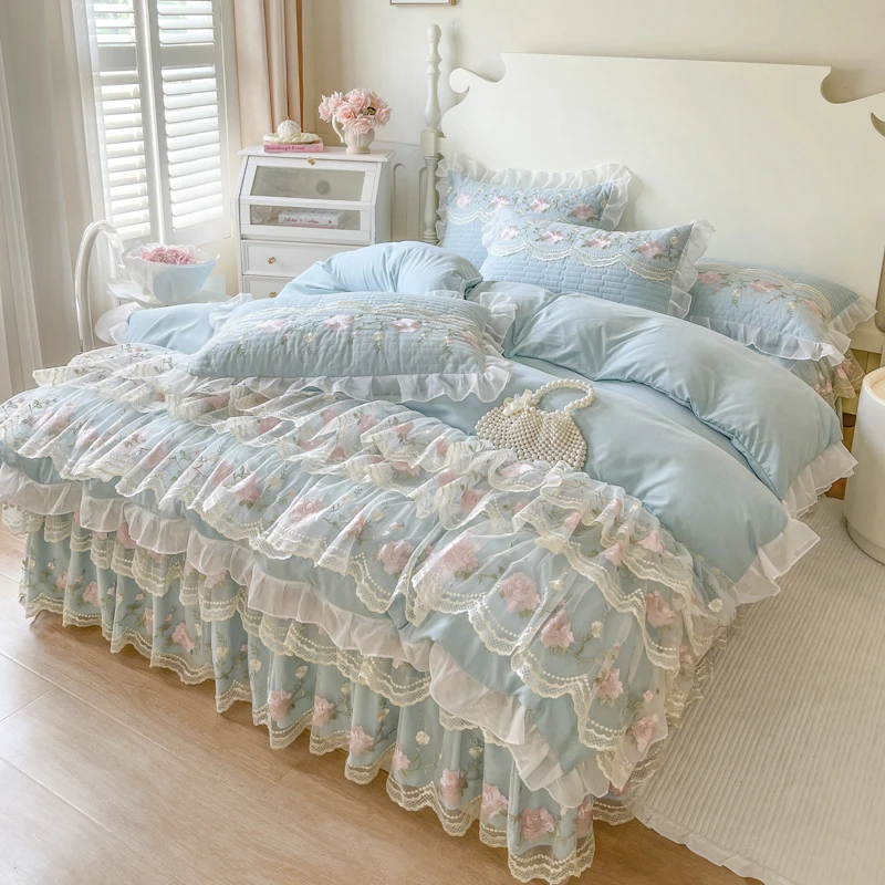 法式公主风蕾丝夹棉床裙四件套加厚床单款床罩荷叶花边被套四季款