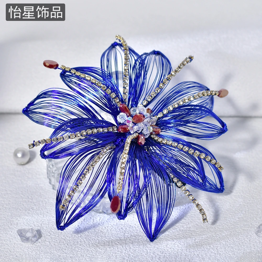 怡星蓝色立体花朵发夹手工编织水钻发饰小众设计高级感弹簧夹A356