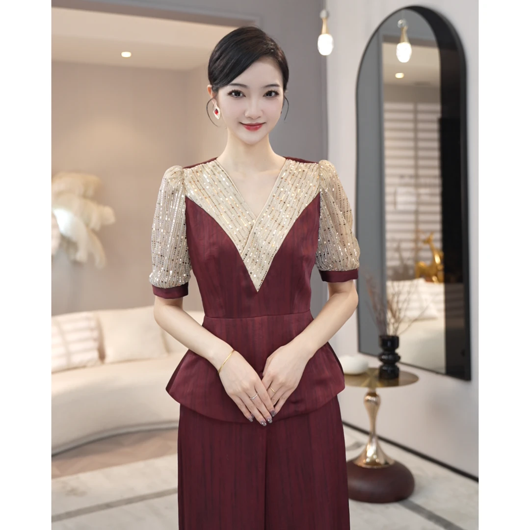 2025年夏季新款【DD-2531】法式气质女装红色V领百搭长袖衬衫套装