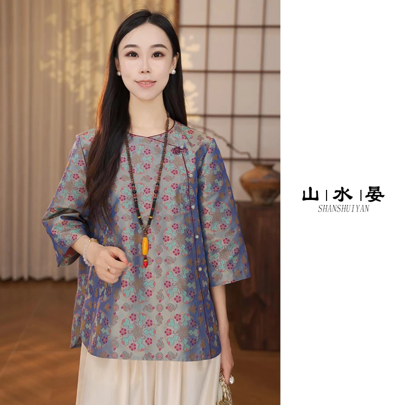 中式桑蚕丝真丝蜀锦中国风复古百搭宽松洋气减龄显瘦上衣RY63029