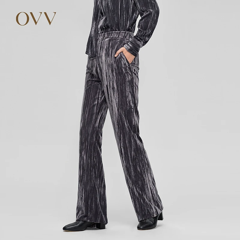 【艾钱钱专属】OVV秋冬压褶奢华丝绒光泽微喇休闲长裤GKCAJ33115A