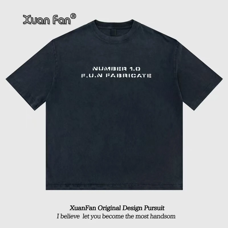 美式潮牌水洗做旧字母印花短袖t恤男女宽松纯棉半袖体恤衫-1101