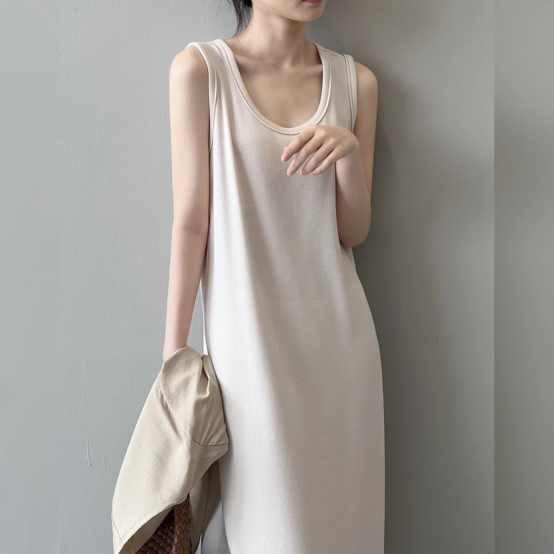 （洺语定制）微胖宽肩带背心连衣裙文艺风浅色直筒奶呼呼长裙夏季