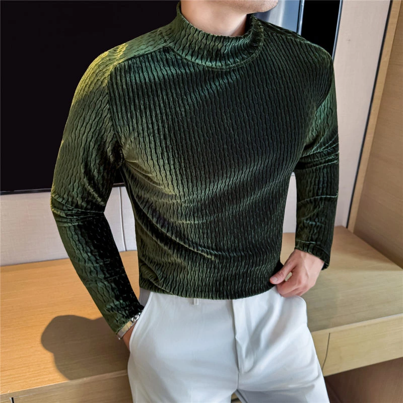 金丝绒打底衫男款秋冬季成熟痞帅男装修身条纹半高领男士长袖t恤