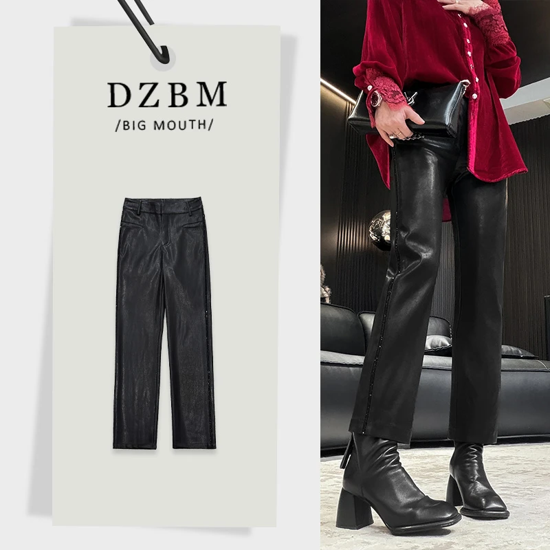【DZBM】2025冬季新款侧边条重工烫钻显瘦九分烟管直筒裤皮裤-K3774